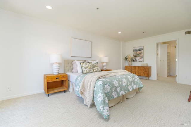 bedroom with light carpet and ornamental molding