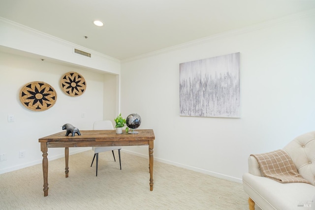 carpeted office featuring ornamental molding