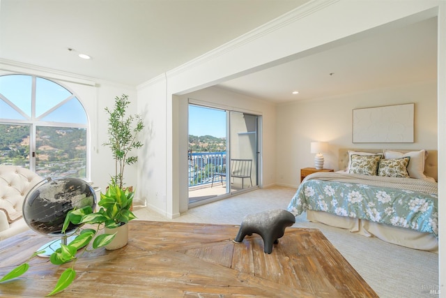 carpeted bedroom featuring access to exterior and crown molding