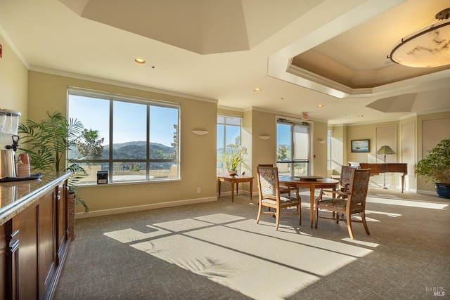 dining area featuring a mountain view, ornamental molding, a raised ceiling, and carpet