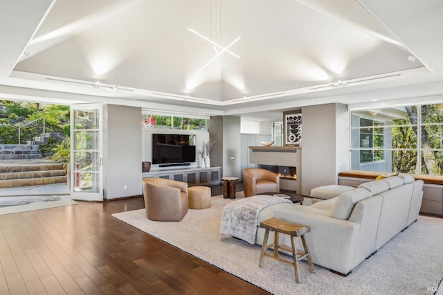 living room with wood-type flooring and a tray ceiling