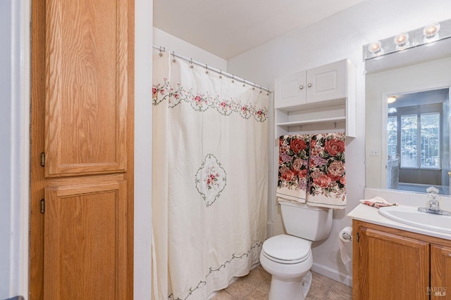 bathroom with tile patterned flooring, vanity, toilet, and a shower with curtain