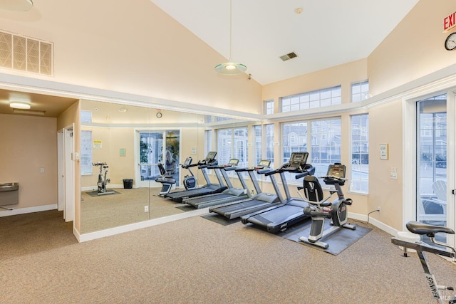 exercise room with carpet floors and high vaulted ceiling