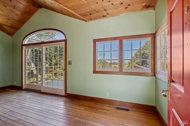 interior space featuring wood ceiling, plenty of natural light, wood finished floors, and visible vents