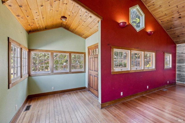 spare room with plenty of natural light, wood ceiling, visible vents, and light wood-style flooring