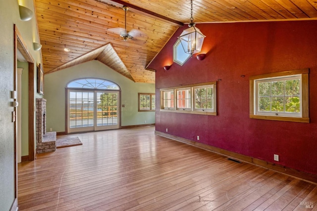 empty room featuring wood ceiling, light wood-style flooring, visible vents, and high vaulted ceiling