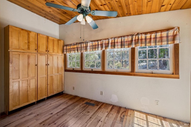 unfurnished bedroom with light wood-style floors, wood ceiling, and visible vents