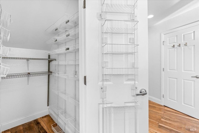 walk in closet with wood-type flooring