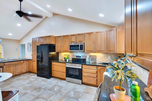 kitchen with dark stone counters, decorative backsplash, stainless steel appliances, high vaulted ceiling, and ceiling fan