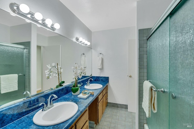 bathroom featuring tile patterned flooring, vanity, and a shower with door