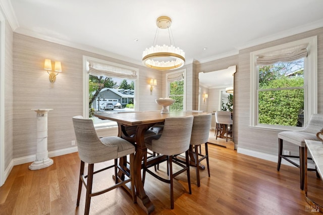 114 Van Tassel Ct, San Anselmo, CA 94960 - dining space featuring ornamental molding, light wood finished floors, wallpapered walls, and baseboards
