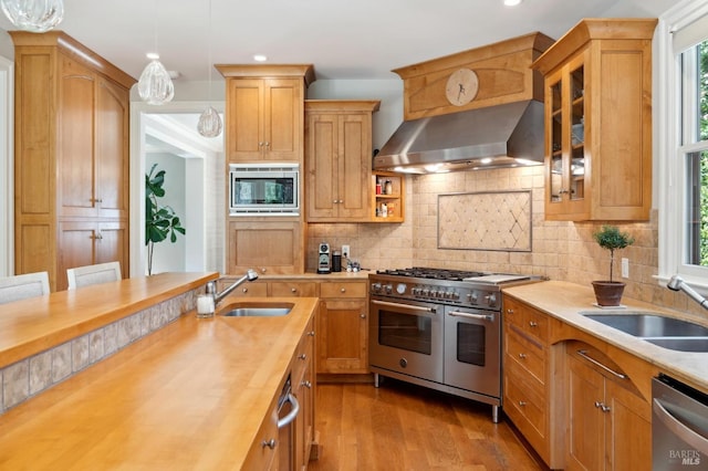 kitchen with wall chimney exhaust hood, a wealth of natural light, appliances with stainless steel finishes, and decorative light fixtures