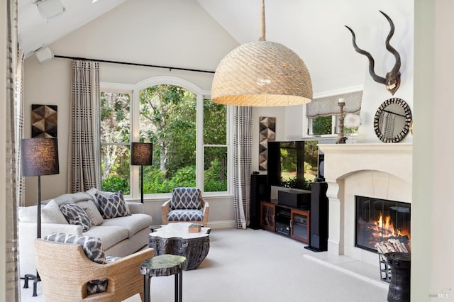 carpeted living room with high vaulted ceiling