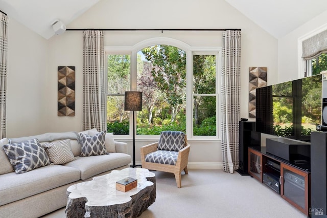 114 Van Tassel Ct, San Anselmo, CA 94960 - carpeted living area with lofted ceiling and baseboards