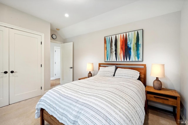 114 Van Tassel Ct, San Anselmo, CA 94960 - bedroom featuring recessed lighting, a closet, light colored carpet, and lofted ceiling