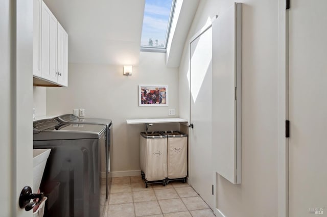 114 Van Tassel Ct, San Anselmo, CA 94960 - clothes washing area with light tile patterned floors, baseboards, separate washer and dryer, cabinet space, and a skylight