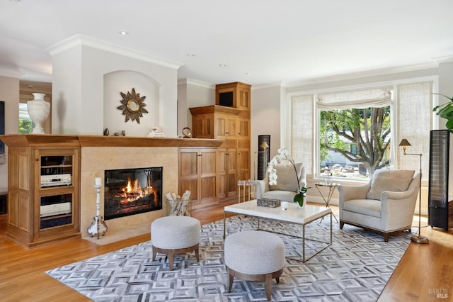 living room featuring light hardwood / wood-style flooring and crown molding