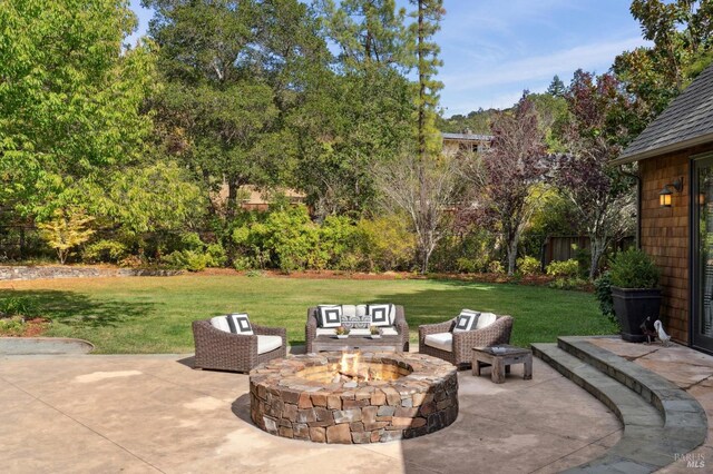 114 Van Tassel Ct, San Anselmo, CA 94960 - view of patio featuring a fire pit