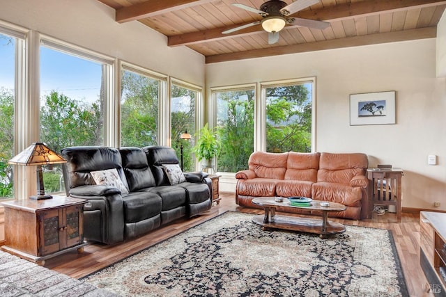 living room featuring baseboards, a ceiling fan, beam ceiling, wooden ceiling, and wood finished floors