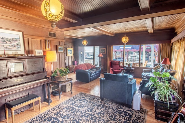 living room featuring wood-type flooring, beamed ceiling, wooden walls, and wood ceiling