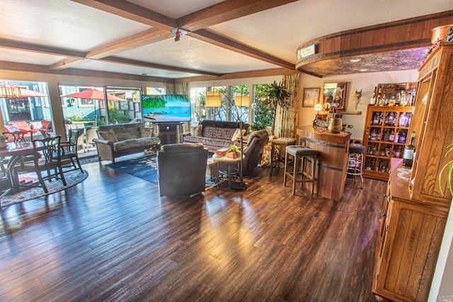 living room featuring a textured ceiling, beam ceiling, dark wood-type flooring, and indoor bar