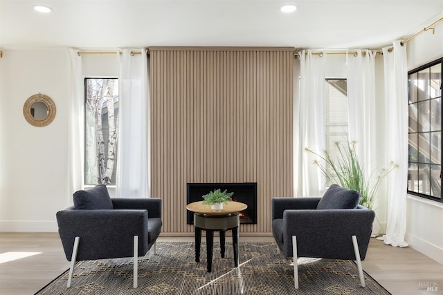 living area featuring hardwood / wood-style flooring, plenty of natural light, and a fireplace