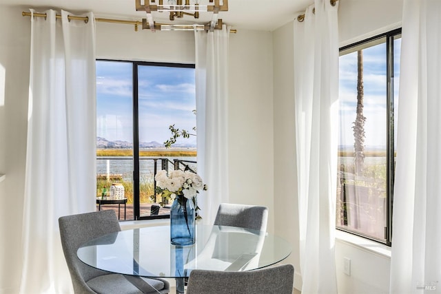 dining space with a water view