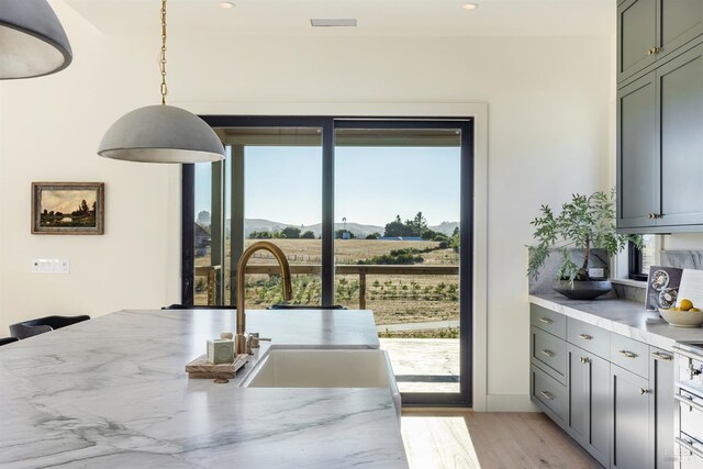 dining area with light hardwood / wood-style flooring and sink