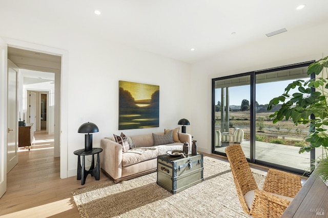 living room featuring baseboards, light wood-type flooring, and recessed lighting