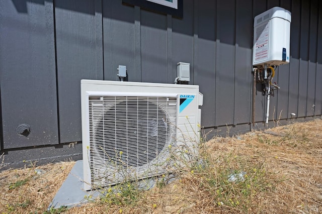 exterior details with ac unit and board and batten siding