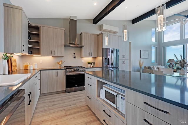 kitchen featuring stainless steel appliances, dark countertops, modern cabinets, a wall mounted air conditioner, and wall chimney exhaust hood