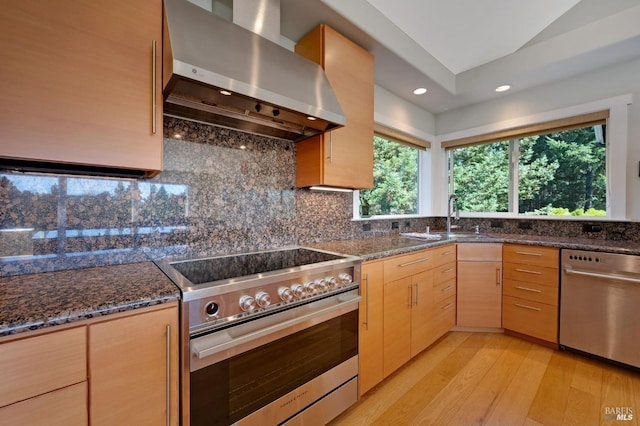 kitchen with light wood finished floors, a sink, appliances with stainless steel finishes, wall chimney range hood, and tasteful backsplash