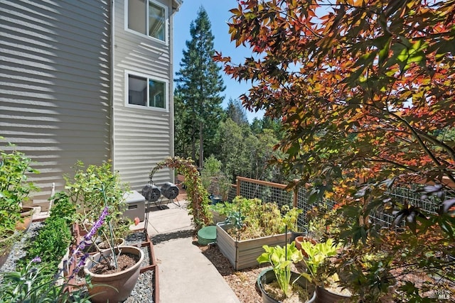 view of patio / terrace featuring a garden