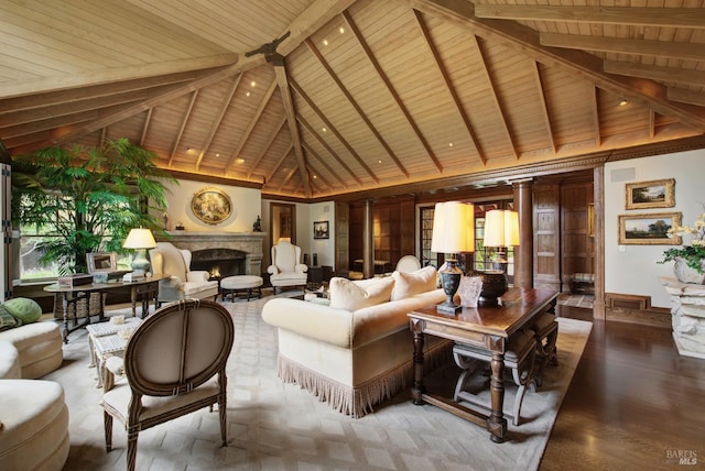 living room with wood ceiling, beam ceiling, wood-type flooring, high vaulted ceiling, and ornate columns