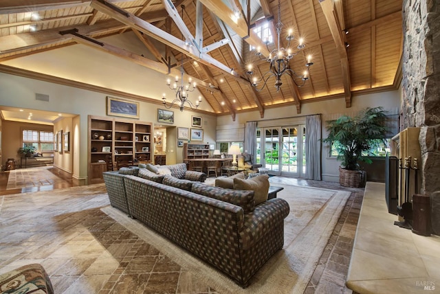 living room featuring high vaulted ceiling, wood ceiling, beam ceiling, and a notable chandelier