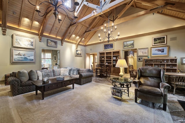 carpeted living room featuring wooden ceiling, beamed ceiling, and high vaulted ceiling