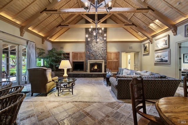 living room with high vaulted ceiling, wood ceiling, a chandelier, and a fireplace