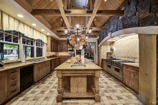 kitchen with beamed ceiling, stainless steel appliances, wooden ceiling, a center island, and a notable chandelier