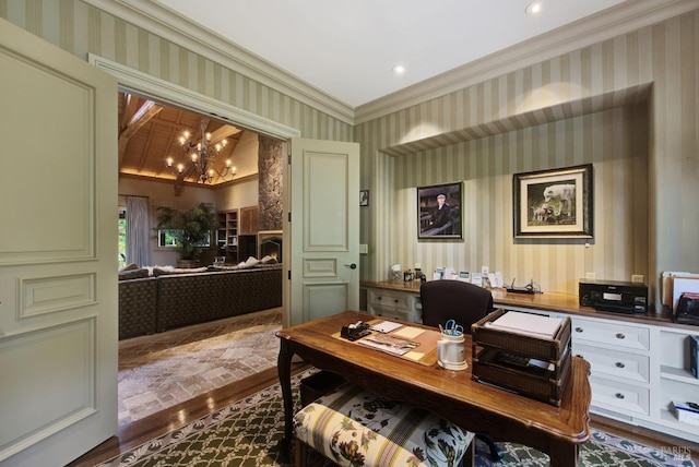 office area with ornamental molding, a chandelier, vaulted ceiling, and hardwood / wood-style flooring