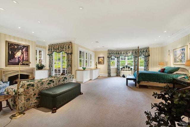 carpeted living room with crown molding