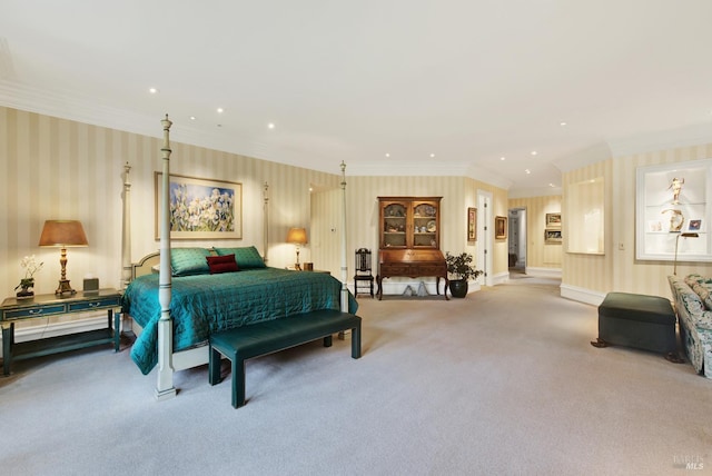 bedroom featuring ornamental molding and light carpet