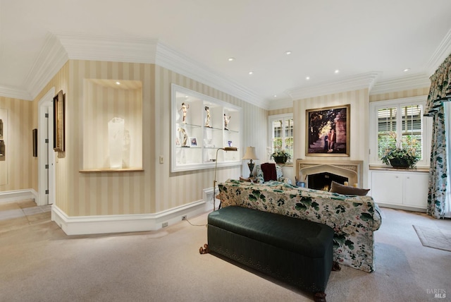 living room featuring light colored carpet and crown molding