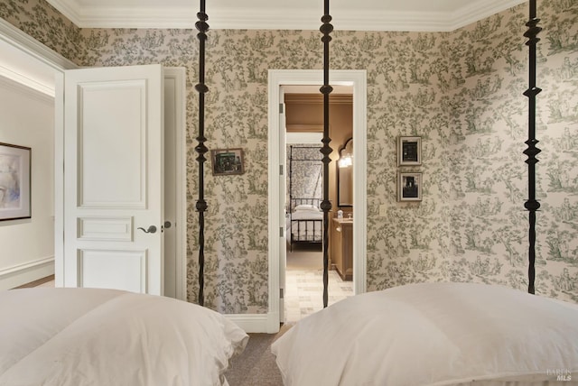 bedroom featuring carpet flooring and crown molding