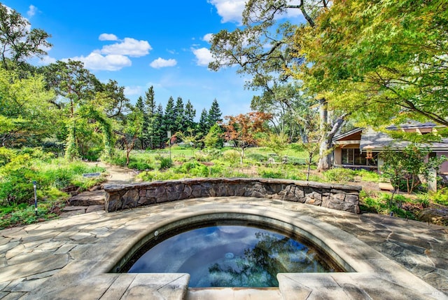 view of pool with a patio and an outdoor hot tub