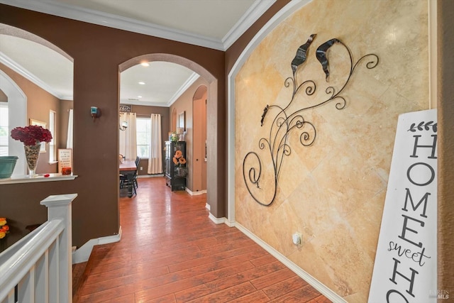 hallway featuring ornamental molding and dark hardwood / wood-style floors