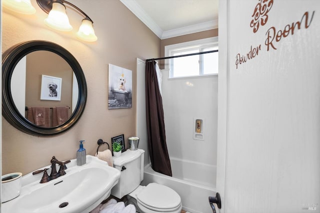 full bathroom featuring ornamental molding, toilet, shower / bathtub combination with curtain, and sink