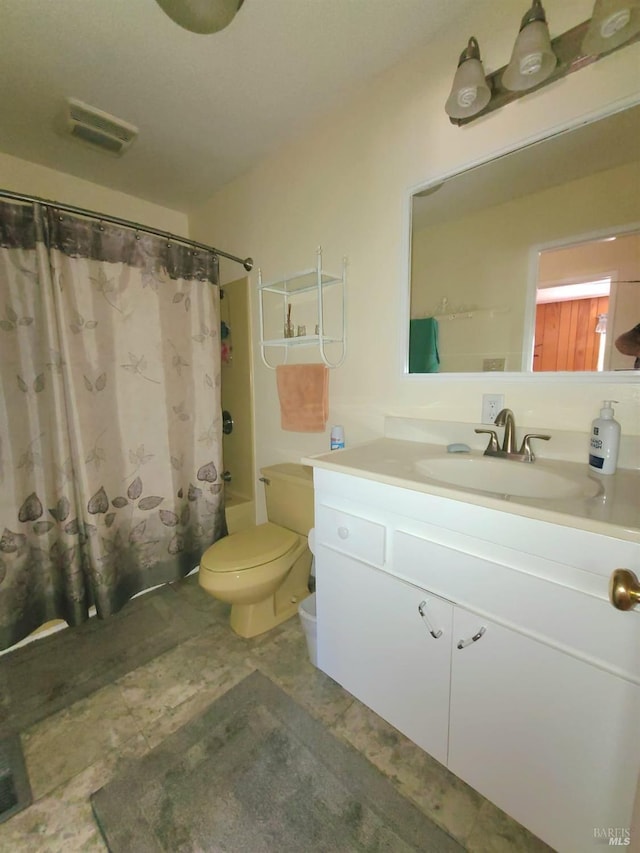 full bathroom with vanity, toilet, and shower / bathtub combination with curtain