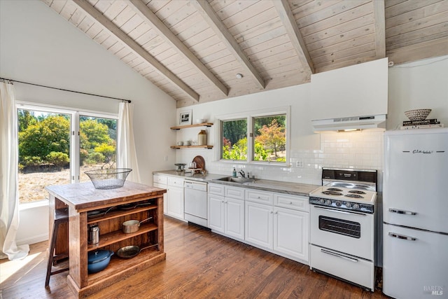 kitchen featuring dark wood-type flooring, ventilation hood, white cabinetry, white appliances, and wooden ceiling