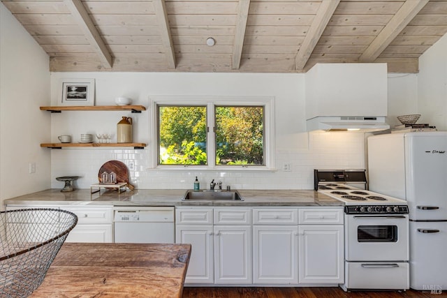 kitchen with white cabinetry, dark wood-type flooring, white appliances, exhaust hood, and sink