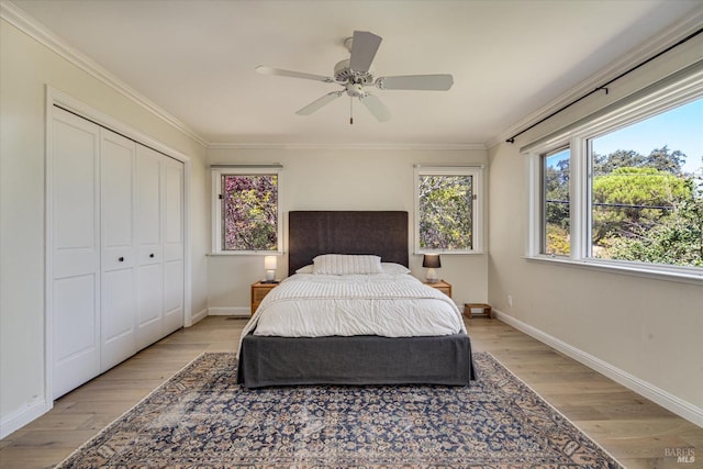 bedroom with light hardwood / wood-style flooring, ornamental molding, ceiling fan, and a closet